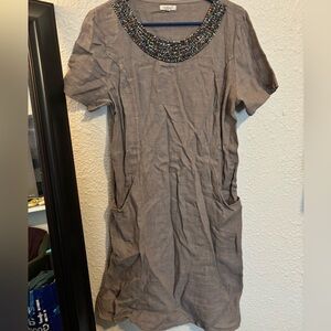Lina Tomei Large Beaded Neckline Taupe Midi Dress